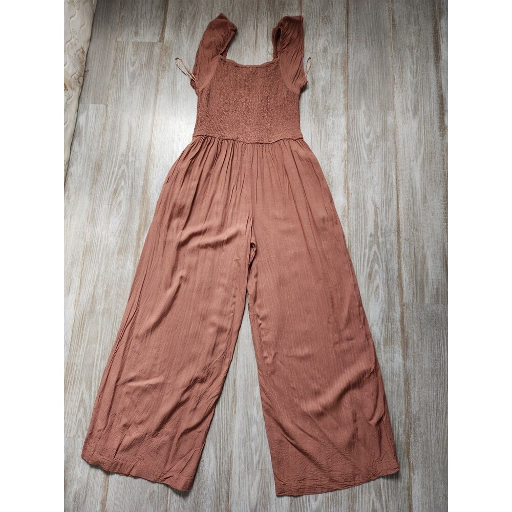 Japna Wide Leg Jumpsuit Womens M Rust Smocked Bodice Puff Sleeve Boho Romper EUC - Picture 12 of 12